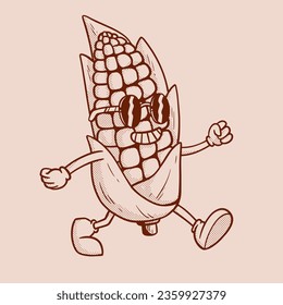 Hand drawing retro corn cartoon character. Walking vintage corn drawing 