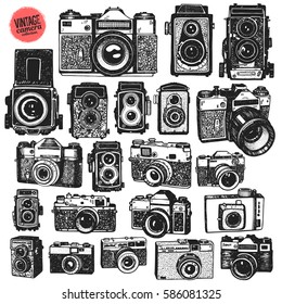 Hand drawing retro photo cameras big graphic set