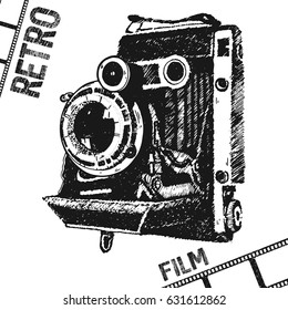 Hand Drawing Retro Photo Film Camera Full Frame Isolated Vector Illustration