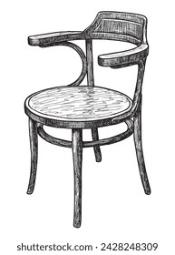 Hand drawing of retro single wooden armchair chair with round arms, black and white vector sketch isolated on white