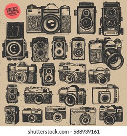 Hand drawing retro an vintage photo cameras in isolated vector big collection.
