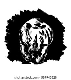 Hand drawing of a rhinoceros running on a black background. Vector illustration