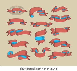 hand drawing ribbon set in engraving old vintage style design element, label, badge and borders collection vector illustration