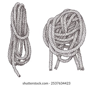 Hand drawing of rigging rope skeins, vector illustration isolated on white