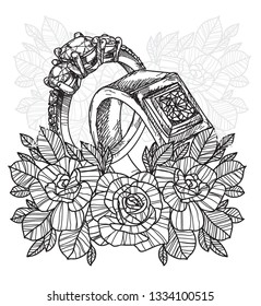 hand drawing ring wedding caed and tatoo art isolated on white background.