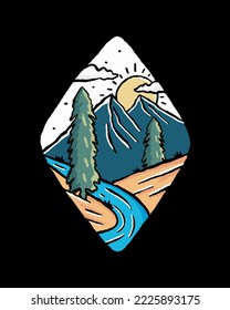 Hand drawing of the river and mountain nature outdoor for t-shirt, sticker, and badge design