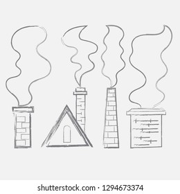 Hand drawing roofs and pipes, of which there is a smoke