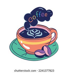 hand drawing round cup of coffee and multicolored inscription coffee