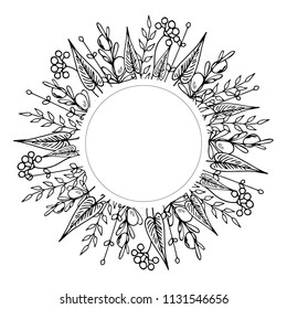 Hand drawing round frame, floral ornament on white background with leaves, flowers, branches, black and white graphics, vector illustration