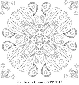 Hand drawing round ornament coloring page isolated on white background. Vector illustration. Boho style. Anti-stress coloring for adult