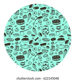 Hand drawing round set of sweets, Cupcake, cake, ice cream, tea, coffee, candy, sandwich.