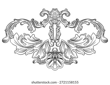 Hand drawing royal baroque design element. Engraved damask pattern, vintage ornament. Isolated monochrome vector illustration on a white background. For design, print, fabric, invitation and wedding