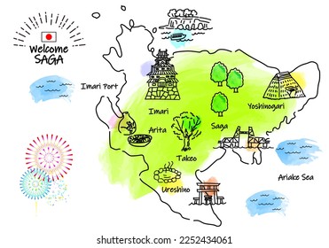 hand drawing SAGA JAPAN tourist spot map, vector