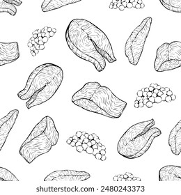 Dibujo a mano de carne de pescado de salmón en un patrón sin costuras