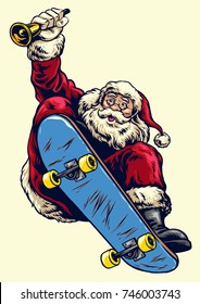 Hand drawing santa claus riding skateboard and bring the bell