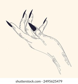 hand drawing scetch outline style women`s hand with long black nails