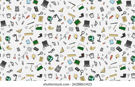 hand drawing School supplies pattern, colorful color on white background, "Back to School" theme. Seamless icon design for education projects, students, and school supplies