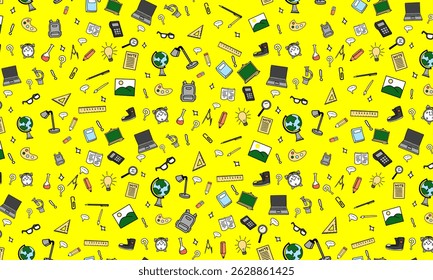 hand drawing School supplies pattern, colorful color on yellow background, "Back to School" theme. Seamless icon design for education projects, students, and school supplies