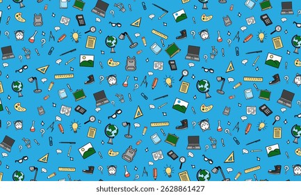 hand drawing School supplies pattern, colorful color on blue background, "Back to School" theme. Seamless icon design for education projects, students, and school supplies