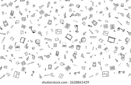 hand drawing School supplies pattern, outline black color on white background, "Back to School" theme. Seamless icon design for education projects, students, and school supplies