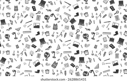 hand drawing School supplies pattern, monochrome color on white background, "Back to School" theme. Seamless icon design for education projects, students, and school supplies