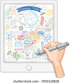 Dibujo manual de elementos científicos en la ilustración de tableta