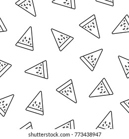 Hand drawing of seamless doodle pizza pattern in black thick line on white background. Repeating junk food on black and white color.