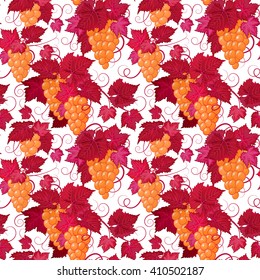 Hand drawing seamless floral pattern with yellow grape and red leaves on white background