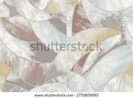 Hand drawing Seamless modern abstract pattern featuring interlocking geometric arches and textured curves in a muted palette of dusty rose, sage green, and ochre.