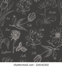 Hand drawing seamless patern of flowers. Iris, calla lily, tulip, orchid, sunflower and rose