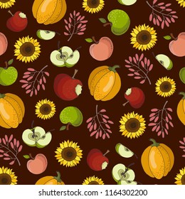 Hand drawing seamless pattern with autumn harvest - orange pumpkins, red and green apples, sunflower and berries on dark red background, vector illustration