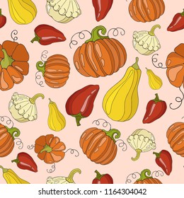 Hand drawing seamless pattern with autumn harvest - yellow and orange pumpkins, squash and red pepper, vector illustration
