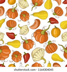 Hand drawing seamless pattern with autumn harvest - yellow and orange pumpkins, squash and red pepper, vector illustration