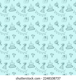 Patrón de dibujo manual sin fisuras con contorno de decoración de fiesta de cumpleaños en el vector de fondo azul
