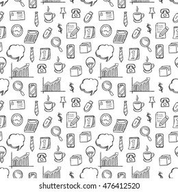 hand drawing seamless pattern of business equipment or icons on white background
