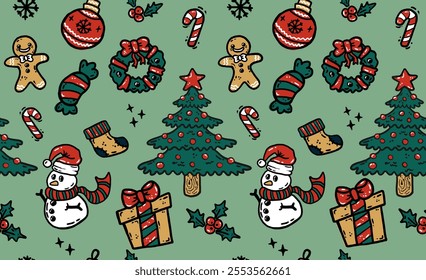 Hand Drawing Seamless Pattern with Christmas Tree, Candy, Mistletoe, Gingerbread Cookies, Snowman, Snowflake, Socks. Color version. Suitable for package, textile, wallpaper, print design.