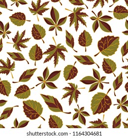 Hand drawing seamless pattern with colored autumn leaves, foliage, vector illustration