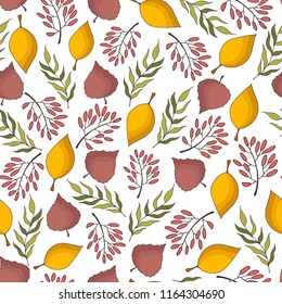 Hand drawing seamless pattern with colored autumn leaves, foliage, vector illustration