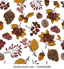 Hand drawing seamless pattern with colored autumn leaves, berries, nuts and pine cones, vector illustration