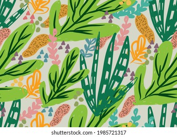 Dibujo manual sin fisuras patrón colorido hojas de fondo diseño de la impresión de arte tropical para tela, ropa, envoltura, moda, fondo, decoración impresa y papel pintado.