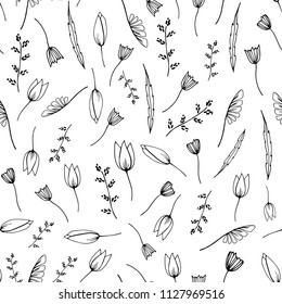 Hand drawing seamless pattern with floral elements, white background, black and white vector illustration