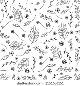 Hand drawing seamless pattern with floral elements, white background, black and white vector illustration