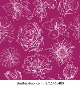 Hand drawing seamless pattern with flowers. Vector sketch illustration of flowers in white color isolated on red background. Design floral summer elements, vintage icons set. 