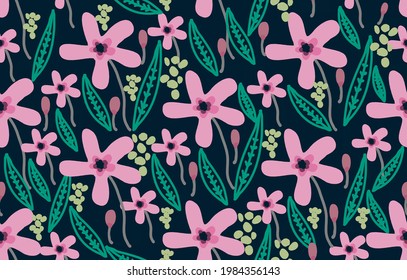 Handzeichnet nahtlose Muster Blumen und hinterlässt Stoffhintergrund-Illustration Design tropische Kunst Druck für Stoff, Mode, Hintergrund und Tapete.