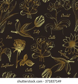 Hand drawing seamless pattern of flowers. Iris, calla lily, tulip, orchid, sunflower and rose. Vector  illustration for your design