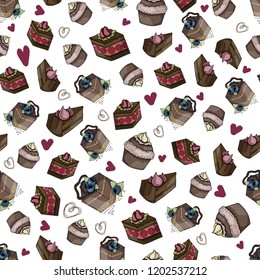 Dibujo manual sin fisuras con bocetos de comida - postres, caramelos, cocción sobre fondo blanco, textura sin fin, ilustración vectorial