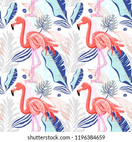 hand drawing seamless pattern with pink flamingo and tropical leaves and flowers on pastel mood, vector illustration