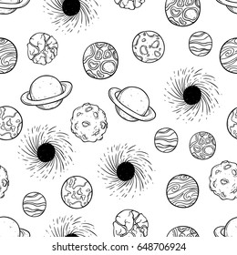 hand drawing seamless pattern of planets, meteor and black hole