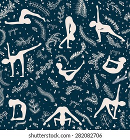 Hand drawing seamless pattern silhouette of woman practicing yoga pose with elements floral ornament for design. Vector illustration. 