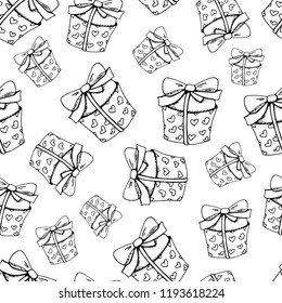 Hand drawing seamless pattern with sketches of birthday desserts, sweets, baking, dark contour on white background, vector illustration